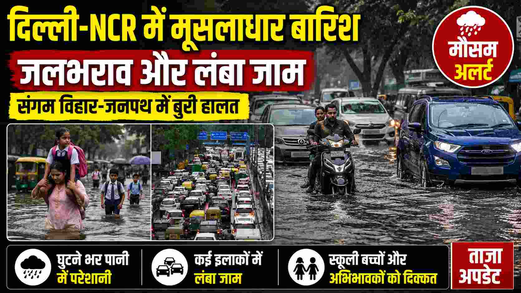 Delhi-NCR Rain: मूसलाधार बारिश से जलभराव, संगम विहार-जनपथ में लंबा ट्रैफिक जाम, स्कूली बच्चों की बढ़ीं मुश्किलें