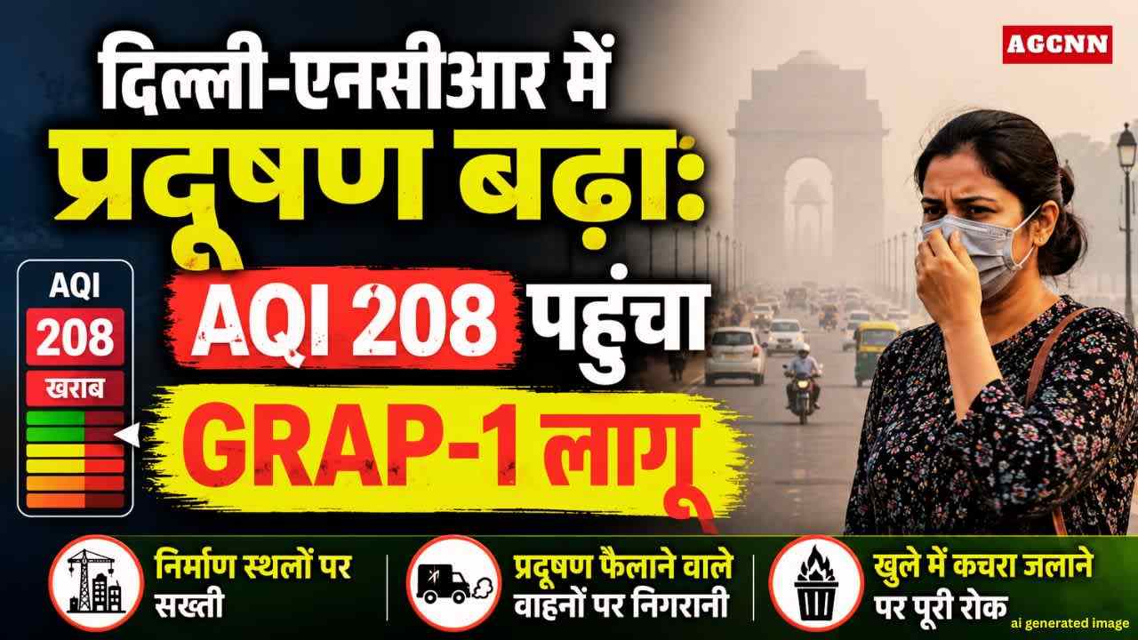 दिल्ली-एनसीआर में प्रदूषण बढ़ा: AQI 208 पहुंचा, GRAP-1 लागू