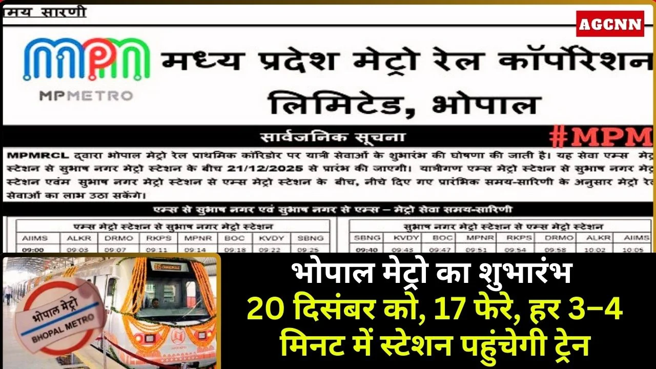 भोपाल मेट्रो का शुभारंभ 20 दिसंबर को, 17 फेरे, हर 3–4 मिनट में स्टेशन पहुंचेगी ट्रेन