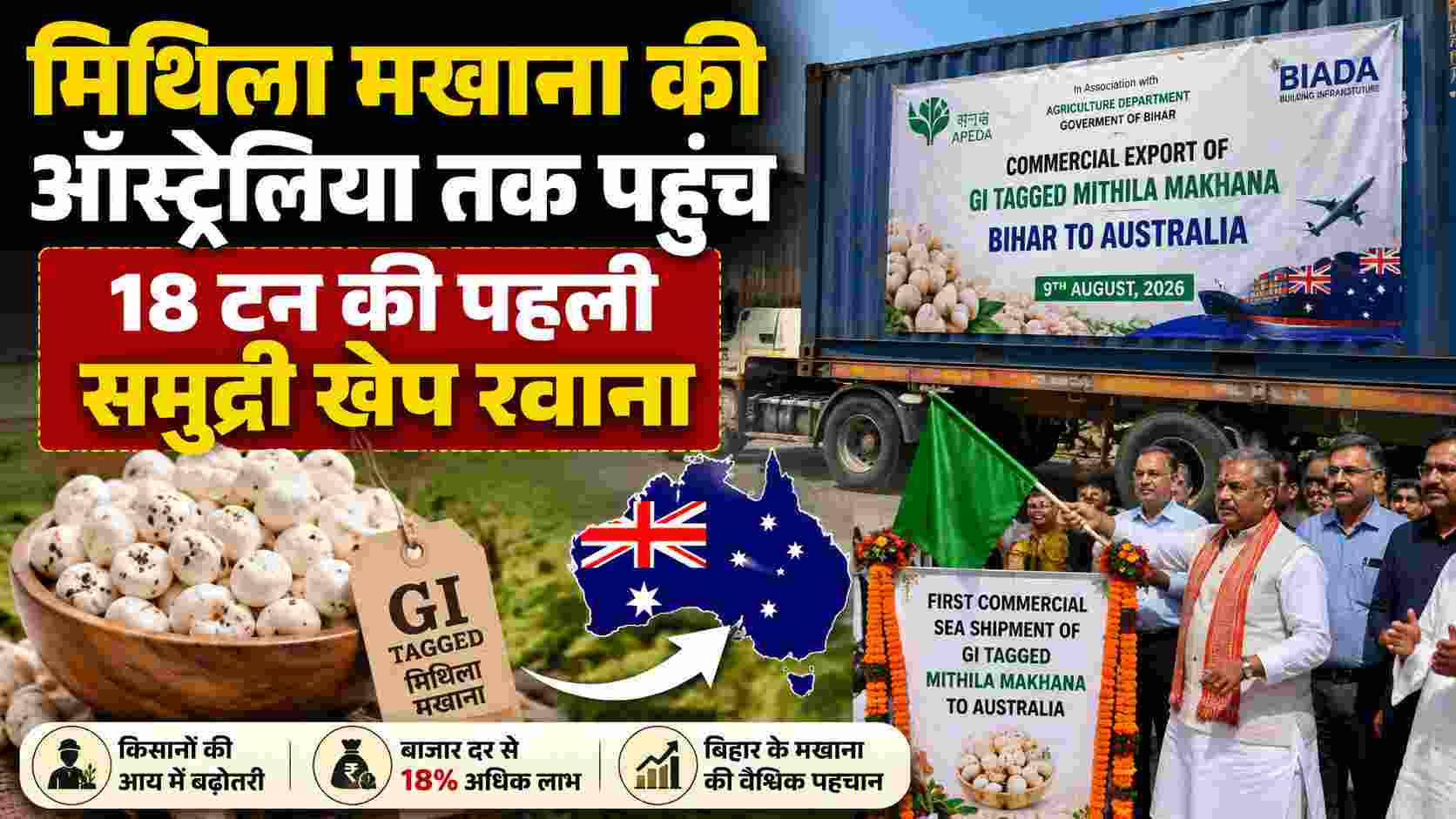 मिथिला मखाना की ऑस्ट्रेलिया तक पहुंच, 18 टन की पहली समुद्री खेप रवाना