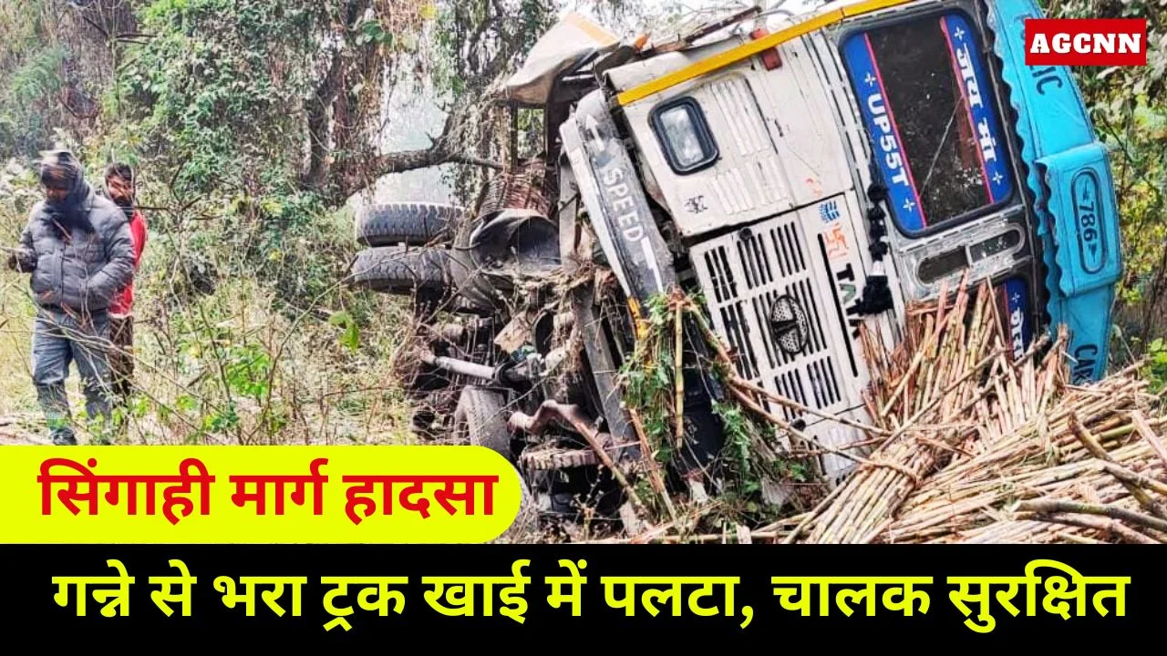 लखीमपुर खीरी में गन्ने से भरा ट्रक खाई में पलटा, चालक सुरक्षित