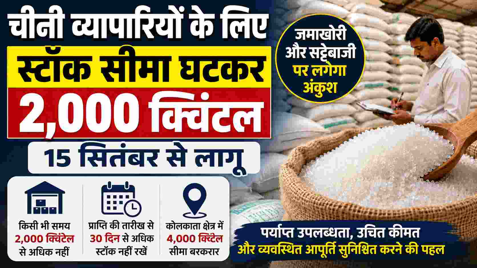 Sugar Stock Limit: चीनी व्यापारियों के लिए स्टॉक सीमा घटकर 2,000 क्विंटल, 15 सितंबर से लागू