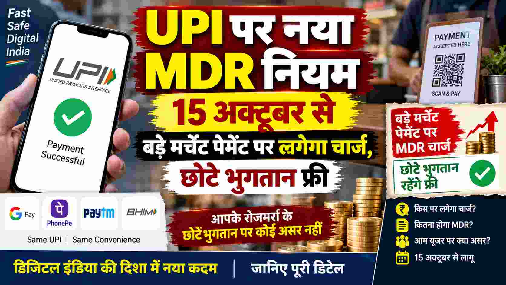 UPI पर नया MDR नियम: 15 अक्टूबर से बड़े मर्चेंट पेमेंट पर लगेगा चार्ज, छोटे भुगतान फ्री